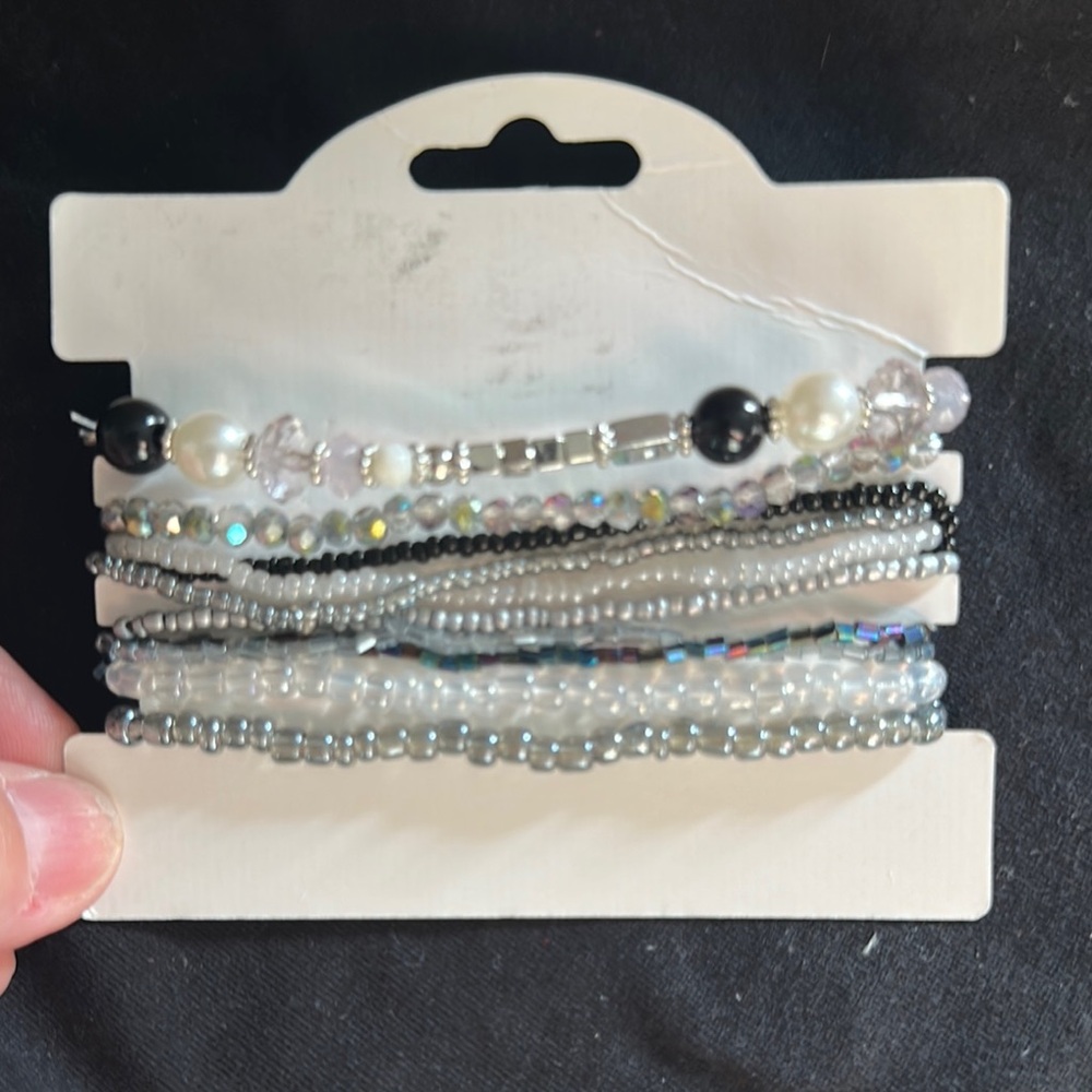 Elegant Beaded Bracelet Set - Black, White, Silver